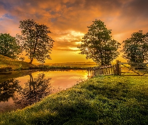 Hrabstwo Cambridgeshire, Staw, Anglia, Posiadłość Lyveden New Bield, Drzewa, Miasto Peterborough, Ogrodzenie, Wschód Słońca