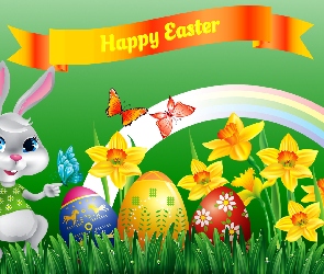 Zajączek, Wielkanoc, Happy Easter, Żonkile, Tęcza, Napis, Pisanki