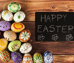 Wielkanoc, Deski, Kolorowe, Pisanki, Napis, Happy Easter