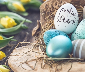 Wielkanoc, Napis, Tulipany, Frohe Ostern, Życzenia, Żółte, Dekoracja, Pisanki, Jajka