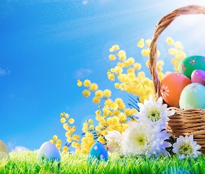 Wielkanoc, Koszyk, Promienie słońca, Pisanki, Kwiaty, Kolorowe