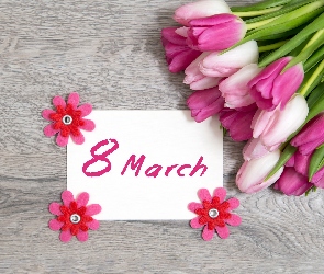 Dzień Kobiet, Deski, Kartka, Tulipany, Napis, 8 March