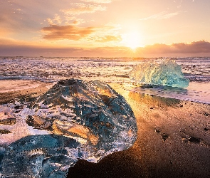 Islandia, Zachód słońca, Bryły, Lód, Jezioro Jokulsarlon
