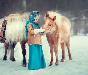 Dziecko, Śnieg, Dwa, Kucyki, Dziewczynka