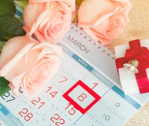 Dzień kobiet, Bukiet, Prezent, Róże, Kalendarz, Trzy