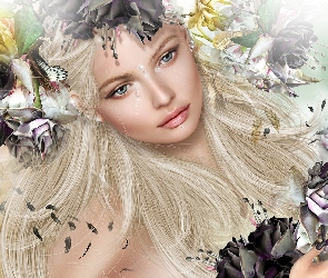 Kobieta, Grafika 2D, Kwiaty, Łzy, Blondynka