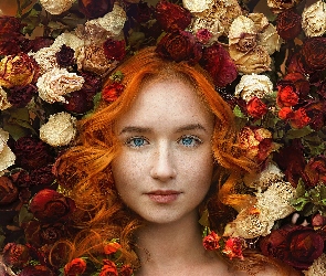 Kobieta, Rudowłosa, Róże, Oczy, Kwiaty, Suszone, Niebieskie