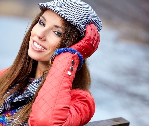 Kurtka, Czerwona, Uśmiech, Rękawiczki, Szal, Kobieta, Czapka