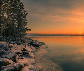 Gmina Vaala, Jezioro Oulujarvi, Drzewa, Zima, Zachód słońca, Kamienie, Finlandia