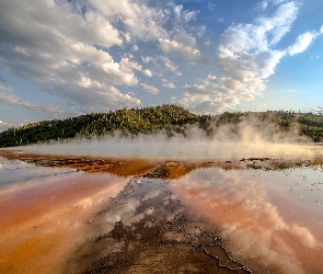Źródło, Park Narodowy Yellowstone, Stany Zjednoczone, Chmury, Zalesione, Opary, Wzgórze, Gorące