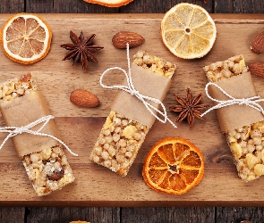 Miód, Migdały, Batoniki, Anyż, Pomarańczy, Karmel, Deska, Plastry