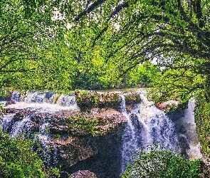 Wodospad, Drzewa, Skały, Las