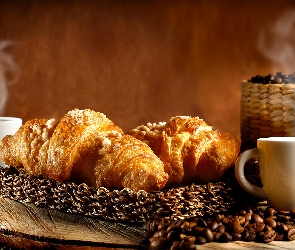 Croissant, Filiżanki, Rogale, Kawa, Deski, Ziarna, Taca, Koszyk