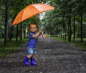 Dziecko, Deszcz, Drzewa, Droga, Parasol
