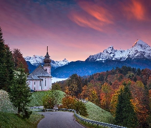 Berchtesgaden, Sanktuarium Maria Gern, Bawaria, Niemcy, Drzewa, Alpy Salzburskie, Góry, Droga, Kościół