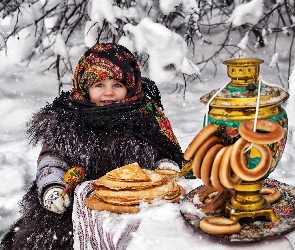 Zima, Chusta, Dziewczynka, Naleśniki, Samowar, Śnieg, Pieczywo, Futro