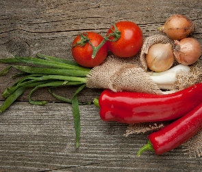 Warzywa, Papryka, Deski, Cebula, Szczypior, Pomidory