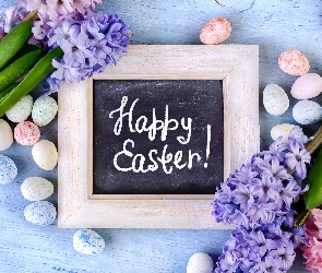 Napis, Tabliczka, Kwiaty, Happy Easter, Pisanki, Wielkanoc, Hiacynty