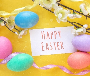 Happy Easter, Napis, Pisanki, Wielkanoc, Gałązki, Wstążki