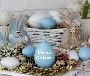 Wielkanoc, Wazoniki, Tulipany, Zajączki, Gipsówka, Kwiaty, Kompozycja, Niebieskie, Pisanki