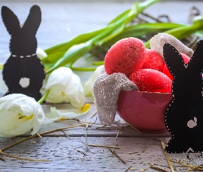 Pisanki, Wielkanoc, Tulipany, Miseczka, Zajączki