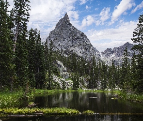 Stan Kolorado, Szczyt Lone Eagle Peak, Góry, Chmury, Jezioro, Stany Zjednoczone, Drzewa, Indian Peaks Wilderness