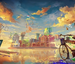 Fantasy, Woda, Chmury, Odbicie, Bloki, Wieżowce, Chłopiec, Rower, Miasto, Niebo