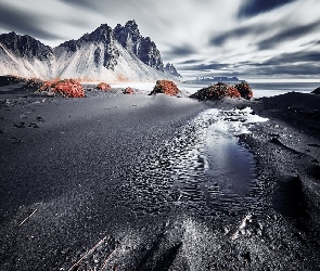 Góra Vestrahorn, Góry, Islandia, Ciemny, Piasek, Plaża Stokksnes