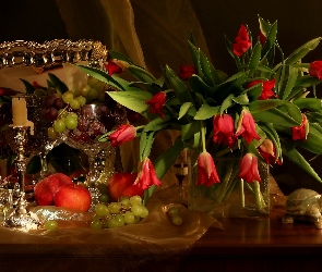 Lustro, Jabłka, Tulipany, Świeca, Winogrona, Bukiet, Flakon