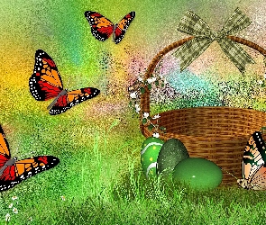 Grafika, Wielkanoc, Trawa, Jajka, Motyle, Koszyczek