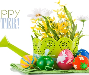 Happy Easter, Napis, Pisanki, Wielkanoc, Konewka, Kwiaty