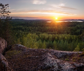 Gmina Laukaa, Finlandia, Zachód słońca, Las, Jezioro, Skały, Hyyppaanvuori