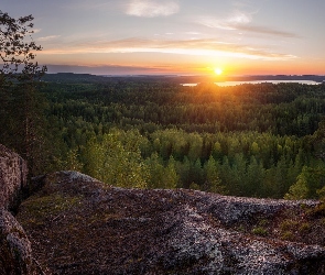 Skały, Jezioro, Gmina Laukaa, Zachód słońca, Las, Finlandia, Hyyppaanvuori