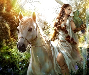 Elf, Kobieta, Fantasy, Koń, Ptak, Rośliny, Biały