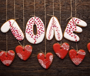 Deski, Sznurek, Serca, Pierniczki, Napis, Love
