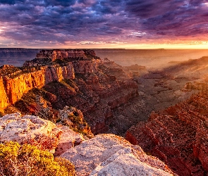 Stany Zjednoczone, Arizona, Park Narodowy Wielkiego Kanionu, Chmury, Wschód słońca, Wielki Kanion Kolorado