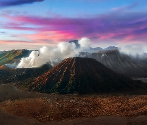Wulkan Bromo, Indonezja, Wulkan Batok, Jawa, Dym, Kaldera Tennger, Chmury, Wulkany