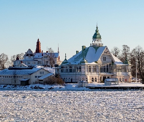 Śnieg, Zima, Helsinki, Drzewa, Restauracja, Wyspa Valkosaari, Finlandia