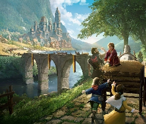 Fantasy, Dzieci, Rzeka, Zamek, Most, Wóz