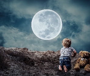 Niebo, Księżyc, Kamienie, Pluszowy, Miś, Chłopiec