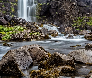 Islandia, Park Narodowy Thingvellir, Wodospad Oxararfoss, Rośliny, Skały, Rzeka Oxara, Kamienie, Obszar Þingvellir