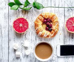 Telefon, Grejpfrut, Ciastko, Filiżanka, Kawa