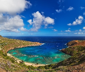 Morze, Chmury, Hawaje, Wzgórza, Wyspa Oahu, Stany Zjednoczone, Zatoka Hanauma Bay