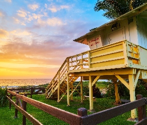 Hawaje, Wschód słońca, Morze, Wieża ratownicza, Plaża