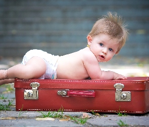Czerwona, Walizka, Dziecko, Pampers