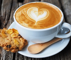 Cappuccino, Ciasteczko, Kawa, Serce, Łyżeczka, Pianka, Deski, Drewniana
