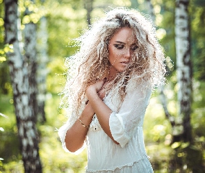 Las, Włosy, Blondynka, Kobieta, Długie, Kręcone