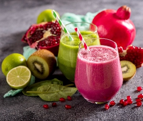 Szklanki, Granat, Kiwi, Owoce, Koktajle