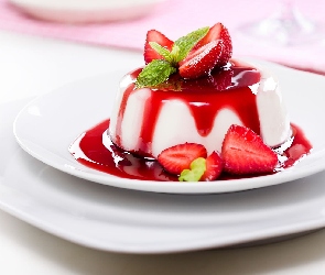 Talerz, Syrop, Panna cotta, Deser, Truskawki, Mięta