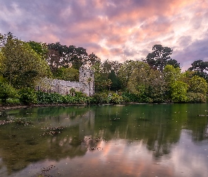 Kornwalia, Kościół, Anglia, Kaplica, Drzewa, Parafia St Just in Roseland, Chmury, Jezioro